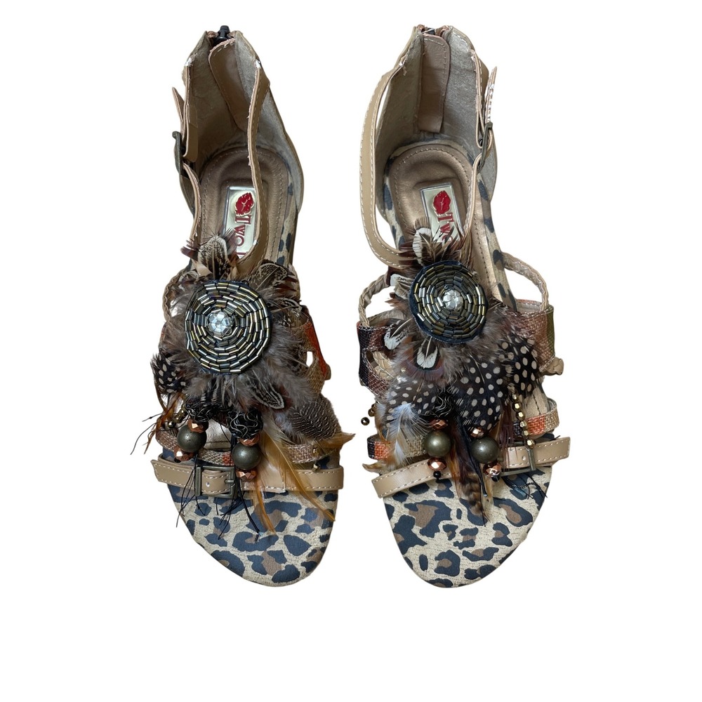 Two Lips Prim Leopard Feather Beaded Gladiator Sandals Women Size 7M